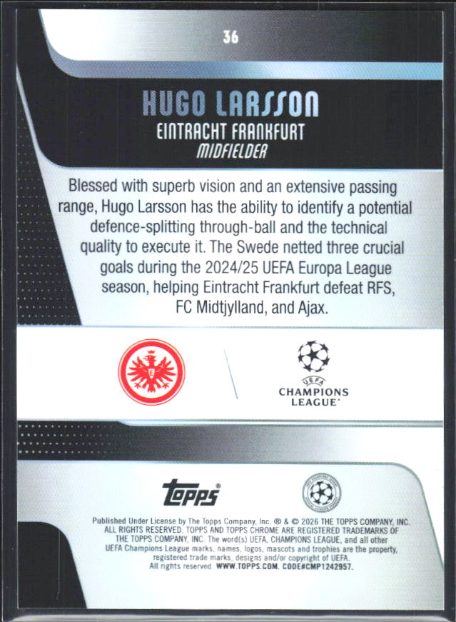 2025-26 Topps Chrome UEFA Club Competitions #36 Hugo Larsson – baksida