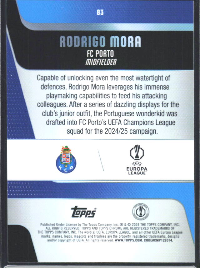 2025-26 Topps Chrome UEFA Club Competitions #83 Rodrigo Mora – baksida