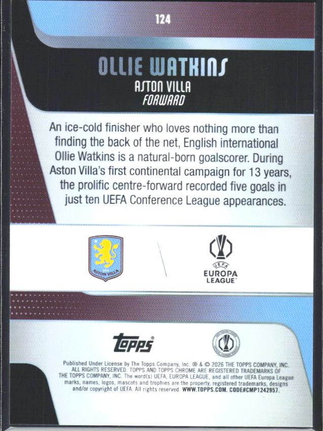 2025-26 Topps Chrome UEFA Club Competitions #124 Ollie Watkins – baksida