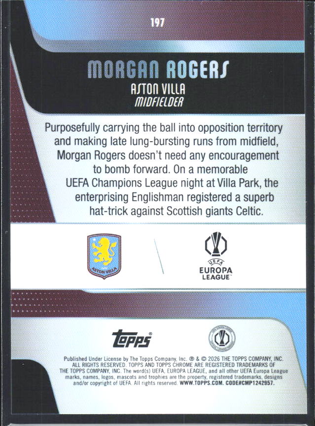 2025-26 Topps Chrome UEFA Club Competitions #197 Morgan Rogers – baksida