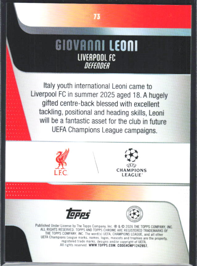 2025-26 Topps Chrome UEFA Club Competitions #73 Giovanni Leoni – baksida