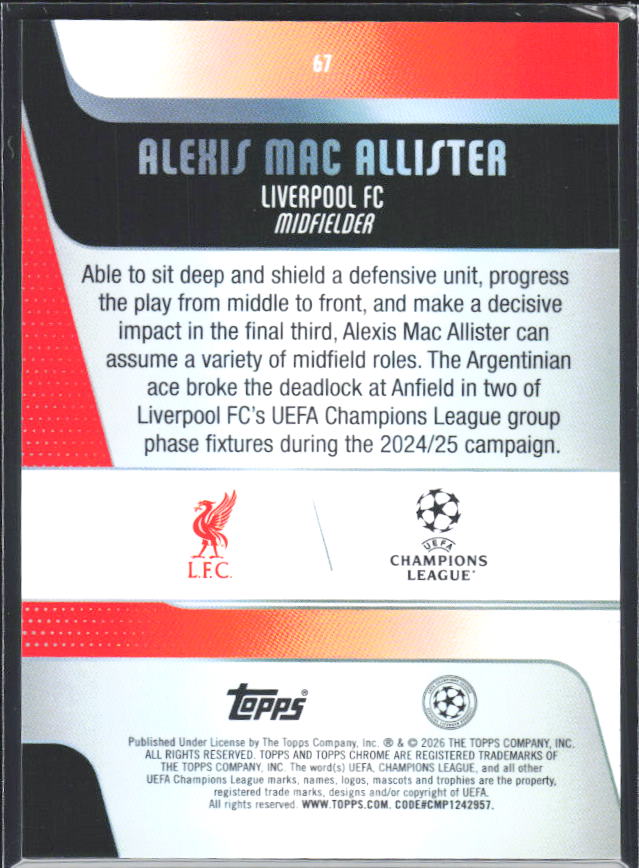 2025-26 Topps Chrome UEFA Club Competitions #67 Alexis Mac Allister – baksida