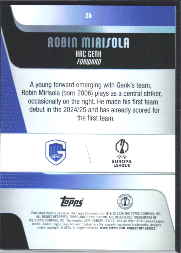 2025-26 Topps Chrome UEFA Club Competitions #26 Robin Mirisola – baksida