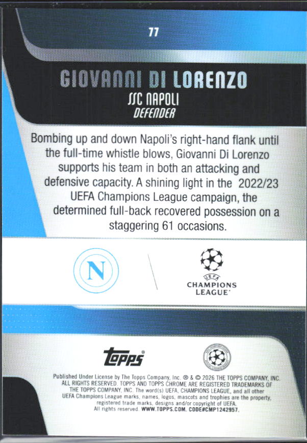 2025-26 Topps Chrome UEFA Club Competitions #77 Giovanni Di Lorenzo – baksida