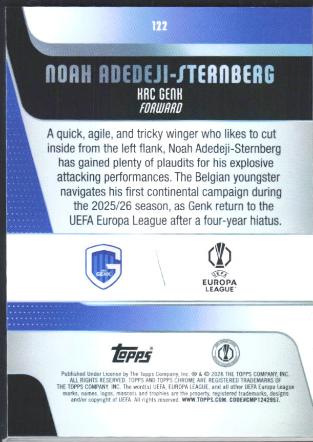 2025-26 Topps Chrome UEFA Club Competitions #122 Noah Adedeji-Sternberg – baksida