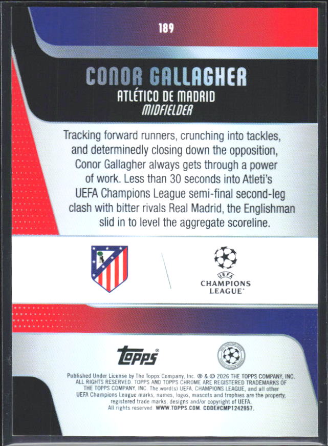 2025-26 Topps Chrome UEFA Club Competitions #189 Conor Gallagher – baksida