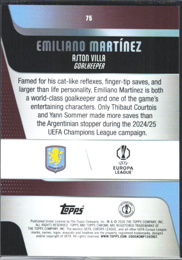 2025-26 Topps Chrome UEFA Club Competitions #75 Emiliano Martínez – baksida