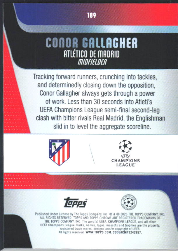 2025-26 Topps Chrome UEFA Club Competitions #189 Conor Gallagher – baksida