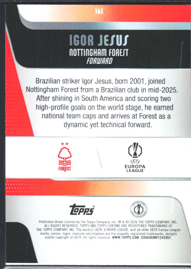 2025-26 Topps Chrome UEFA Club Competitions #161 Igor Jesus – baksida
