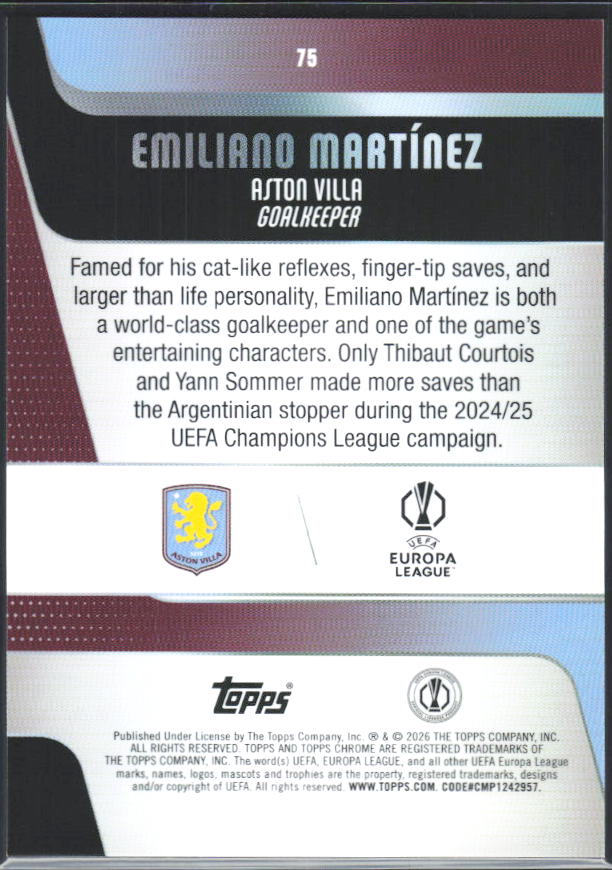 2025-26 Topps Chrome UEFA Club Competitions #75 Emiliano Martínez – baksida