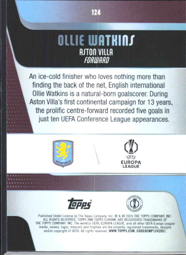 2025-26 Topps Chrome UEFA Club Competitions #124 Ollie Watkins – baksida