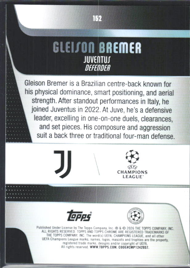 2025-26 Topps Chrome UEFA Club Competitions #152 Gleison Bremer – baksida