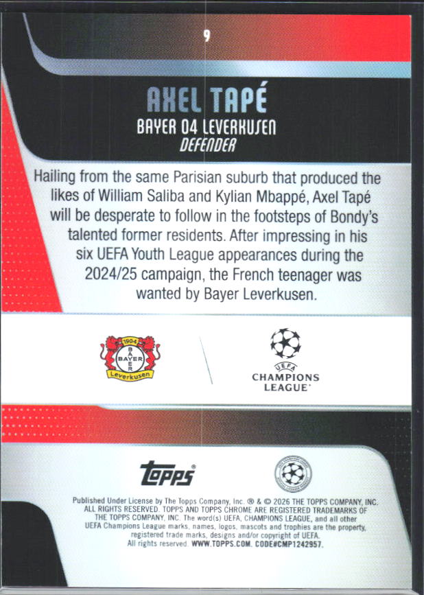 2025-26 Topps Chrome UEFA Club Competitions #9 Axel Tapé – baksida