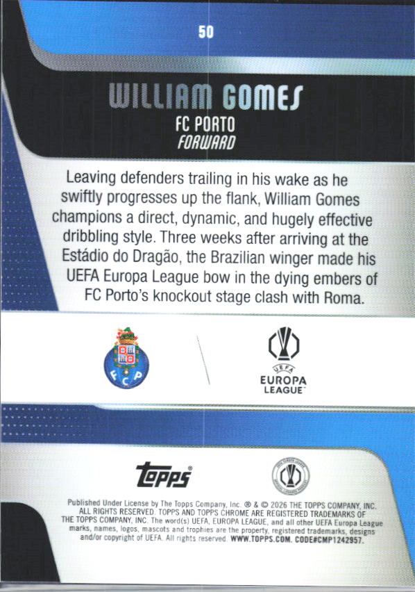 2025-26 Topps Chrome UEFA Club Competitions #50 William Gomes – baksida
