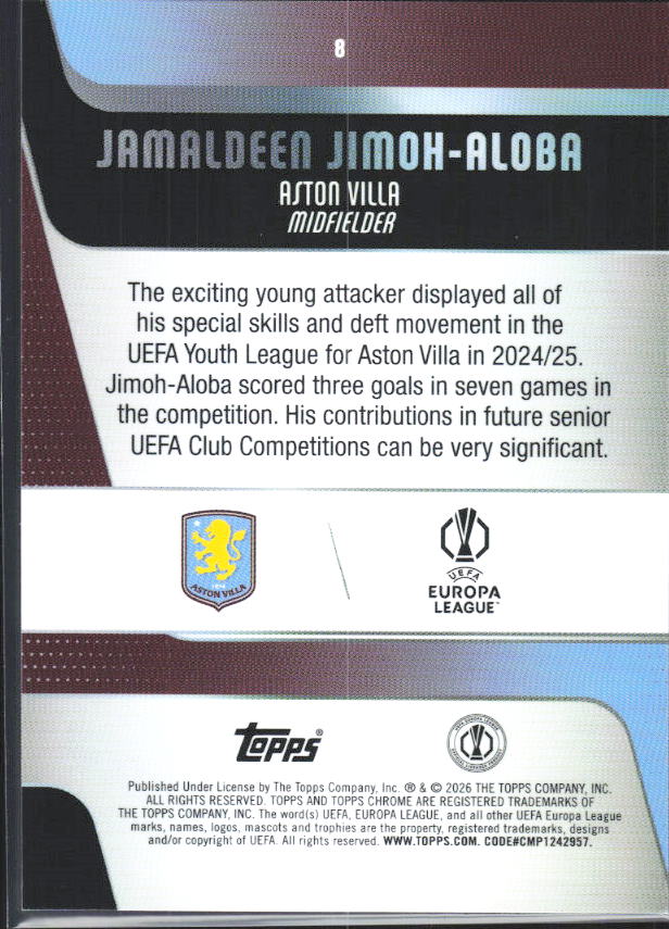 2025-26 Topps Chrome UEFA Club Competitions #8 Jamaldeen Jimoh-Aloba – baksida