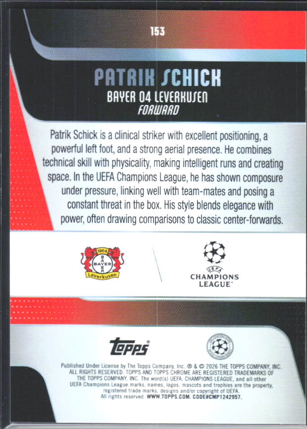 2025-26 Topps Chrome UEFA Club Competitions #153 Patrik Schick – baksida