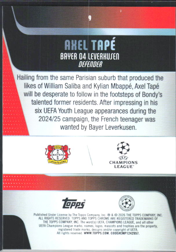 2025-26 Topps Chrome UEFA Club Competitions #9 Axel Tapé – baksida