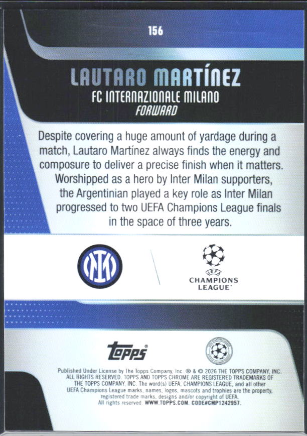 2025-26 Topps Chrome UEFA Club Competitions #156 Lautaro Martínez – baksida