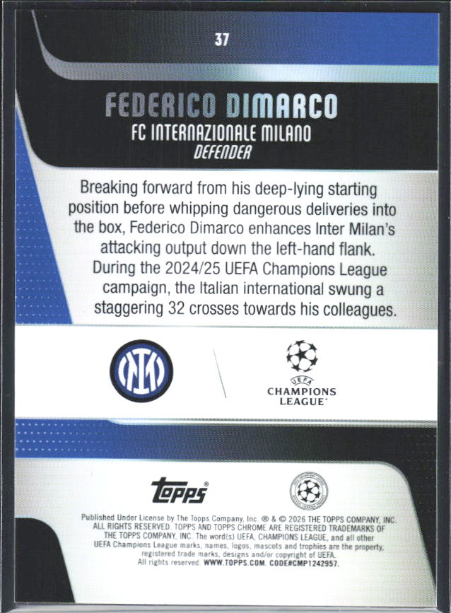 2025-26 Topps Chrome UEFA Club Competitions #37 Federico Dimarco – baksida