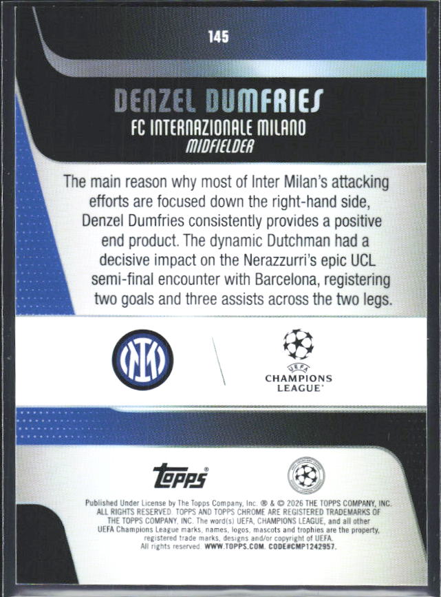 2025-26 Topps Chrome UEFA Club Competitions #145 Denzel Dumfries – baksida