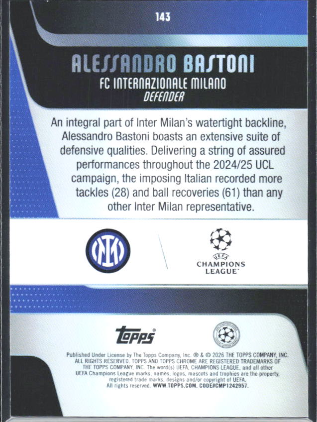 2025-26 Topps Chrome UEFA Club Competitions #143 Alessandro Bastoni – baksida