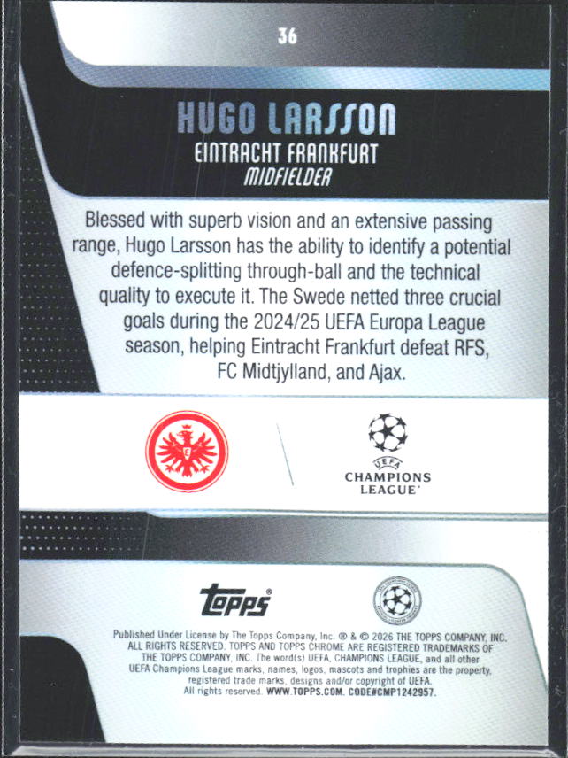 2025-26 Topps Chrome UEFA Club Competitions #36 Hugo Larsson – baksida