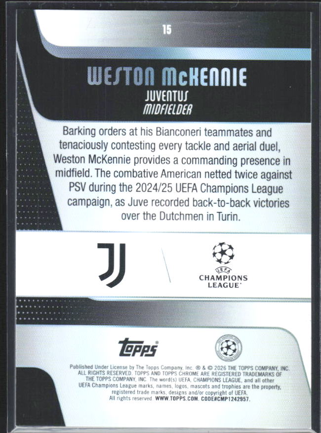 2025-26 Topps Chrome UEFA Club Competitions #15 Weston McKennie – baksida