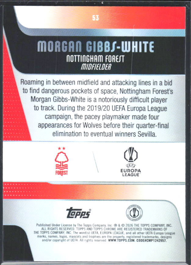 2025-26 Topps Chrome UEFA Club Competitions #53 Morgan Gibbs-White – baksida