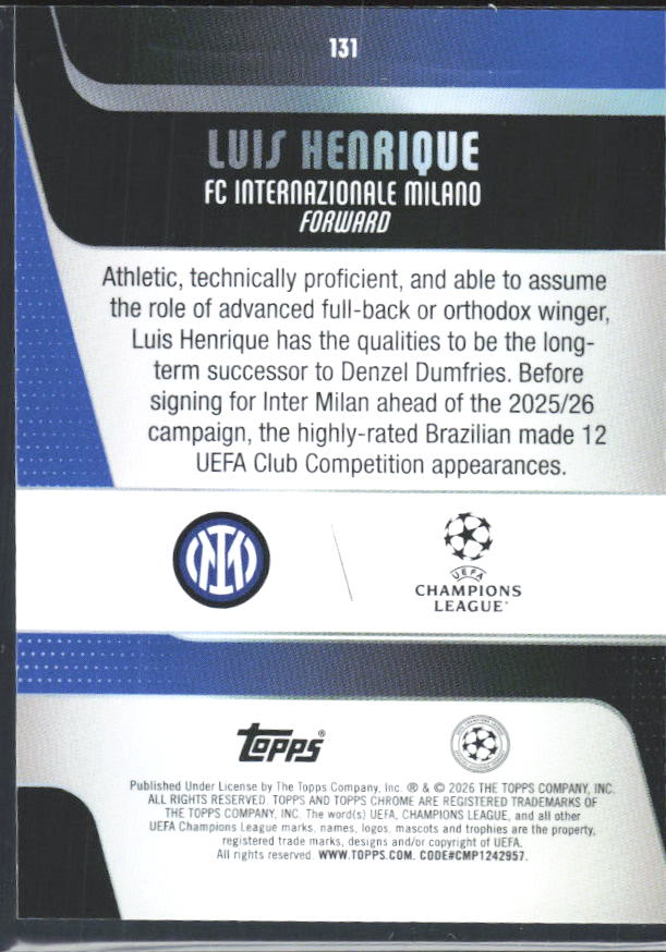 2025-26 Topps Chrome UEFA Club Competitions #131 Luis Henrique – baksida