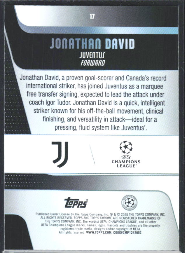 2025-26 Topps Chrome UEFA Club Competitions #17 Jonathan David – baksida