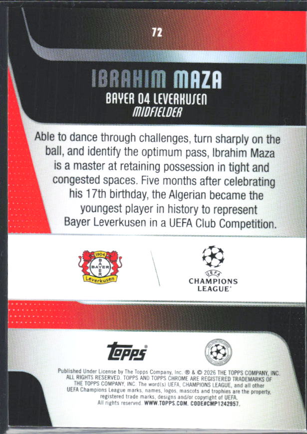 2025-26 Topps Chrome UEFA Club Competitions #72 Ibrahim Maza – baksida