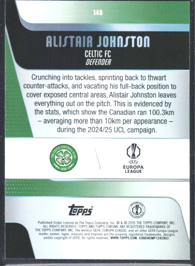2025-26 Topps Chrome UEFA Club Competitions #148 Alistair Johnston – baksida