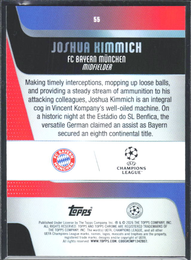 2025-26 Topps Chrome UEFA Club Competitions #55 Joshua Kimmich – baksida