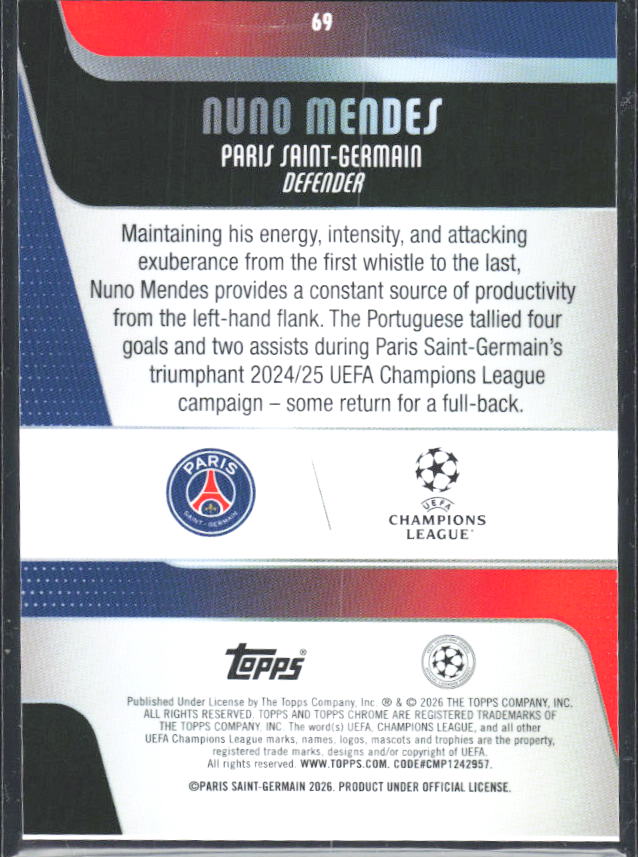 2025-26 Topps Chrome UEFA Club Competitions #69 Nuno Mendes – baksida