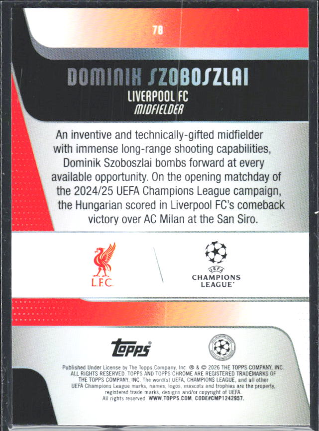 2025-26 Topps Chrome UEFA Club Competitions #78 Dominik Szoboszlai – baksida