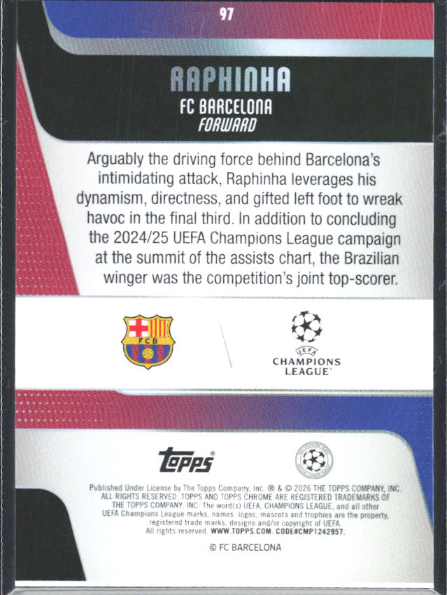 2025-26 Topps Chrome UEFA Club Competitions #97 Raphinha – baksida