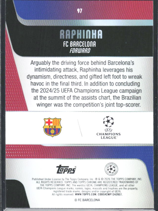 2025-26 Topps Chrome UEFA Club Competitions #97 Raphinha – baksida