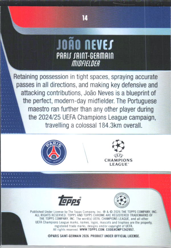 2025-26 Topps Chrome UEFA Club Competitions #14 João Neves – baksida