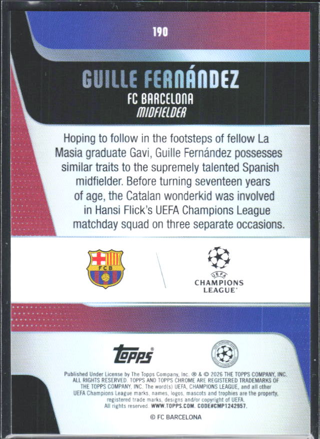 2025-26 Topps Chrome UEFA Club Competitions #190 Guille Fernández – baksida