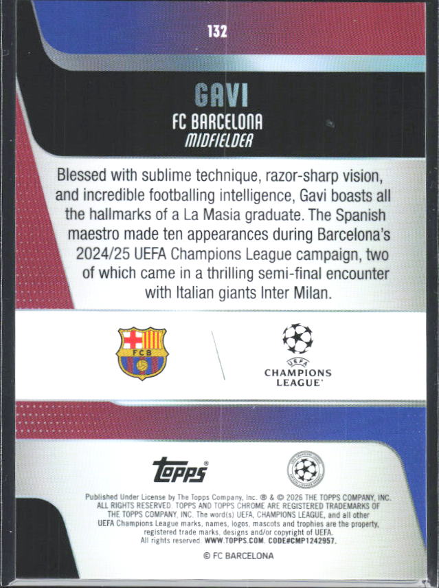 2025-26 Topps Chrome UEFA Club Competitions #132 Gavi – baksida