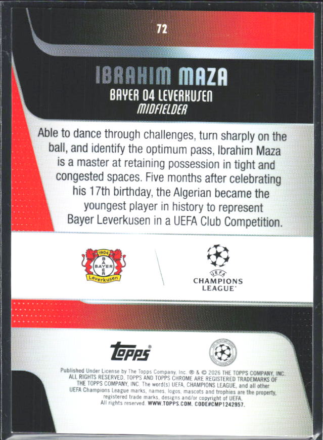 2025-26 Topps Chrome UEFA Club Competitions #72 Ibrahim Maza – baksida