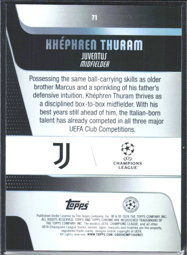 2025-26 Topps Chrome UEFA Club Competitions #71 Khéphren Thuram – baksida