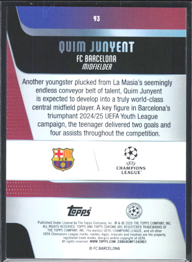2025-26 Topps Chrome UEFA Club Competitions #93 Quim Junyent – baksida