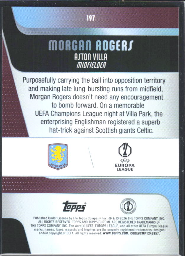 2025-26 Topps Chrome UEFA Club Competitions #197 Morgan Rogers – baksida