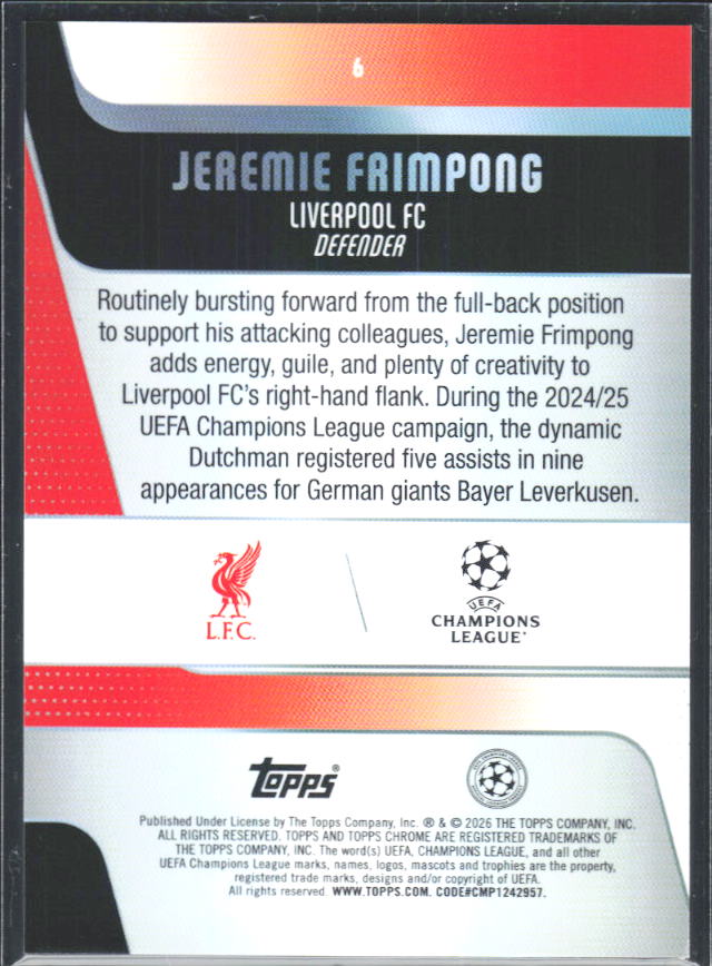 2025-26 Topps Chrome UEFA Club Competitions #6 Jeremie Frimpong – baksida
