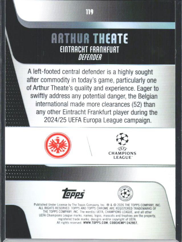 2025-26 Topps Chrome UEFA Club Competitions #119 Arthur Theate – baksida