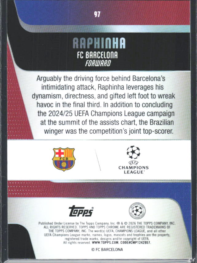 2025-26 Topps Chrome UEFA Club Competitions #97 Raphinha – baksida