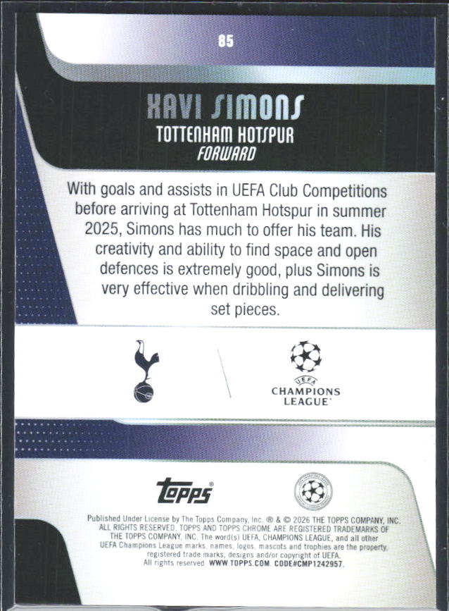 2025-26 Topps Chrome UEFA Club Competitions #85 Xavi Simons – baksida