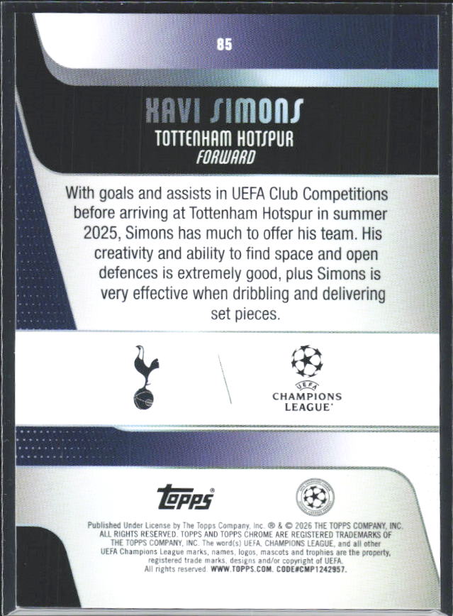 2025-26 Topps Chrome UEFA Club Competitions #85 Xavi Simons – baksida