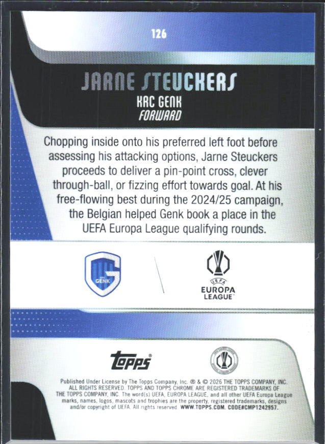 2025-26 Topps Chrome UEFA Club Competitions #126 Jarne Steuckers – baksida